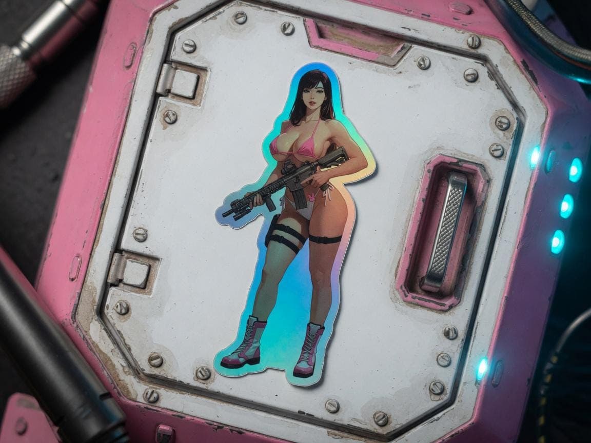 Bunny Pilot Bikini Tactical Holographic Sticker | Mech Waifu Iridescent Vinyl Decal