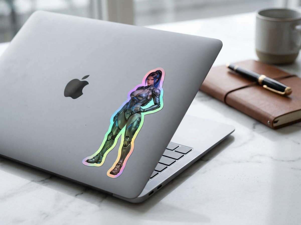 May include: Holographic sticker of a futuristic female figure in a silver and black bodysuit, leaning against a silver laptop. The sticker has a rainbow sheen. A pen, notebook, and mug are in the background.