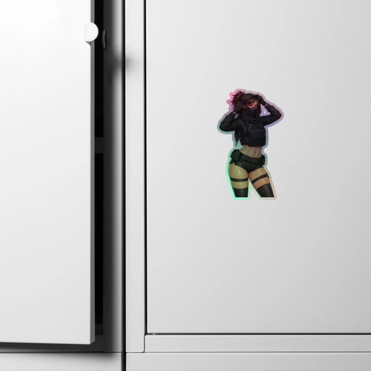 Tactical Girl Mesh Hood Holographic Sticker | Operator Pin-Up Iridescent Vinyl Decal