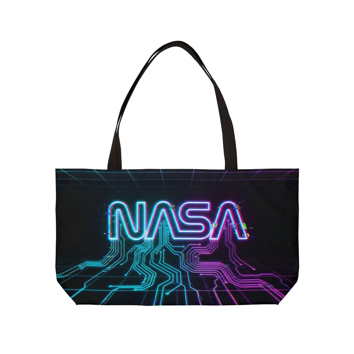 Neon NASA Logo Weekender Tote Bag | Retro Futuristic Circuit Design