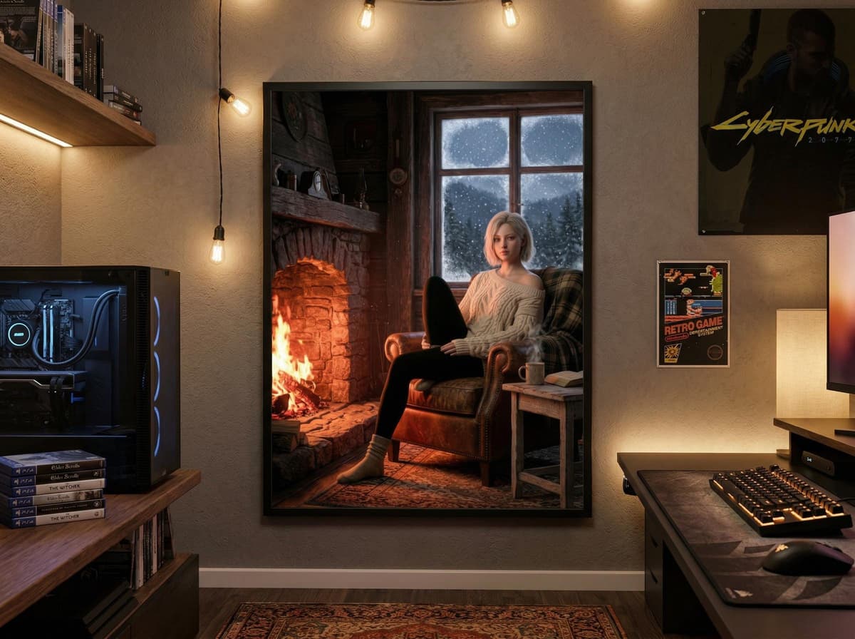 Survivor Girl Cozy Cabin Poster | Winter Fireplace Wall Art (Matte Print)