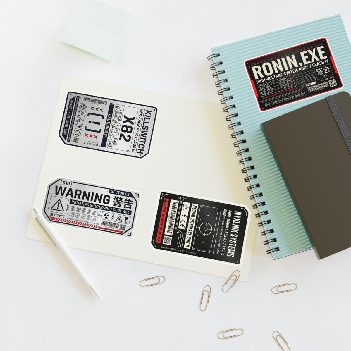 Cyberpunk Warning Labels Holographic Sticker Sheet | Sci-Fi Tech Decal Pack