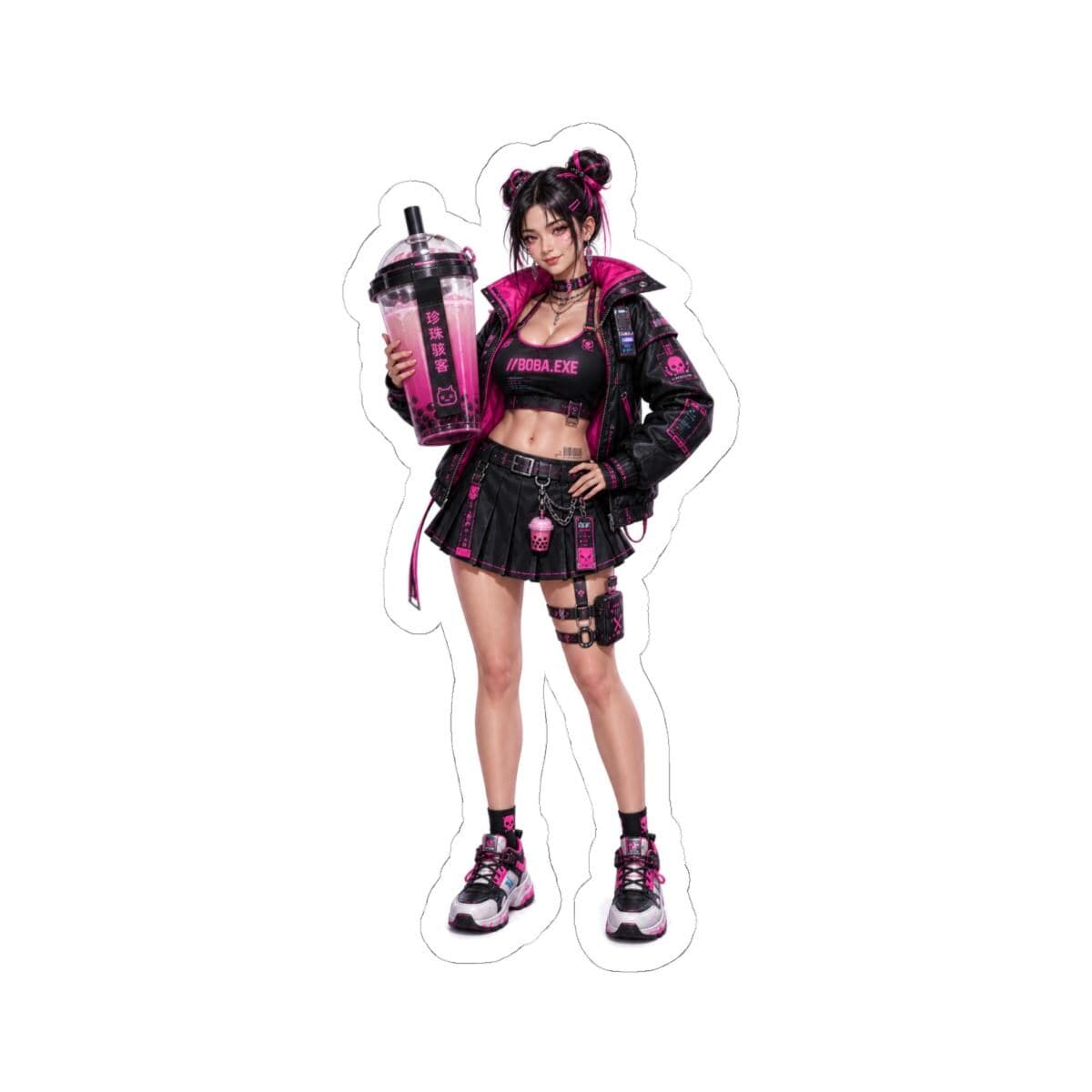 Cyberpunk Boba Tea Sticker | Anime Waifu Vinyl Decal, Hot Pink Y2K Style