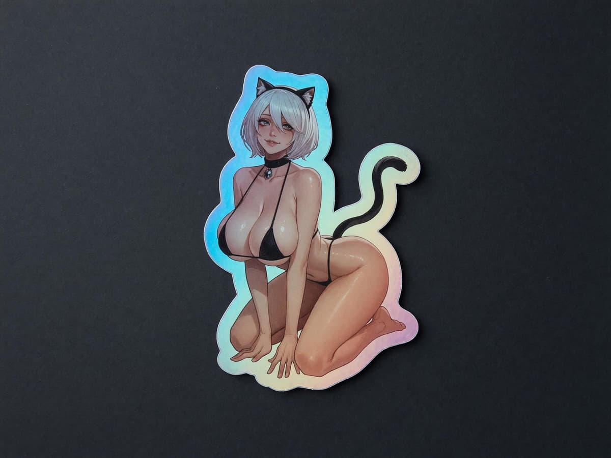 2B Catgirl Crouch Holographic Sticker | Android Waifu Iridescent Vinyl Decal