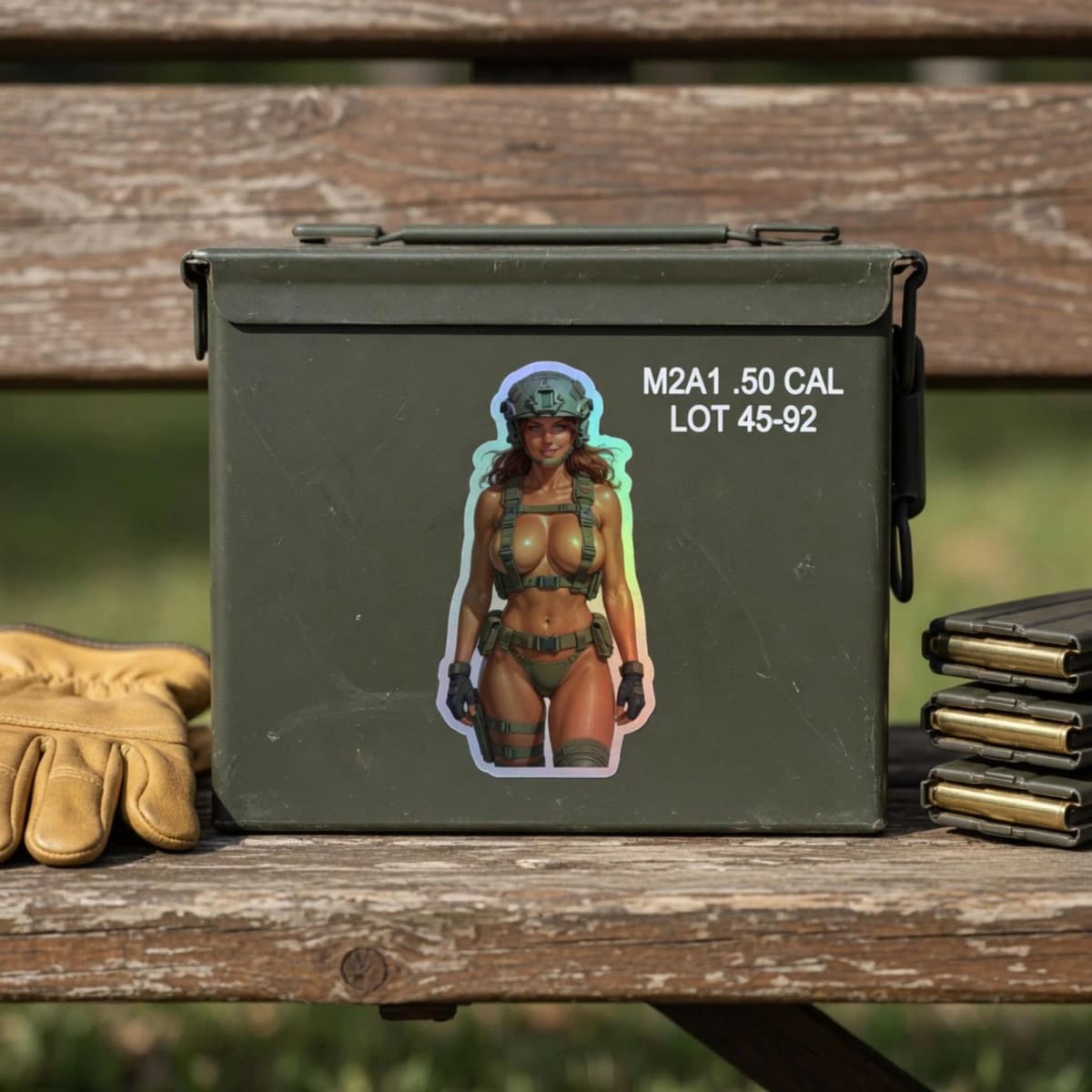 Tactical Girl Chest Rig Holographic Sticker | Military Pin-Up Iridescent Vinyl Decal