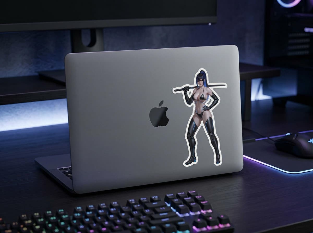 Neon Cyberpunk Sword Girl Sticker | Katana Street Samurai Vinyl Decal (Kiss Cut)