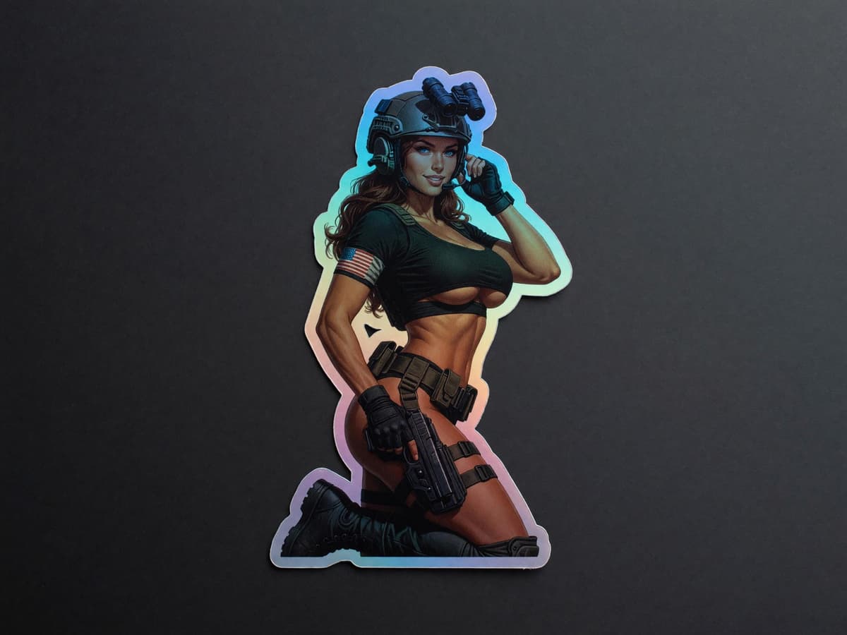 Tactical Girl Crop Top Holographic Sticker | Military Waifu Iridescent Vinyl Decal