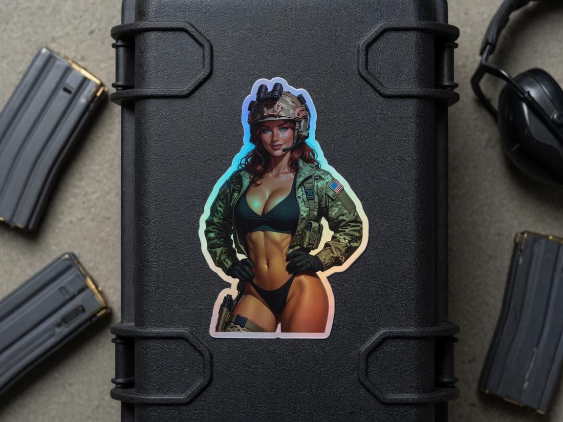 Tactical Girl Camo Bikini Holographic Sticker | Military Waifu Iridescent Vinyl Decal