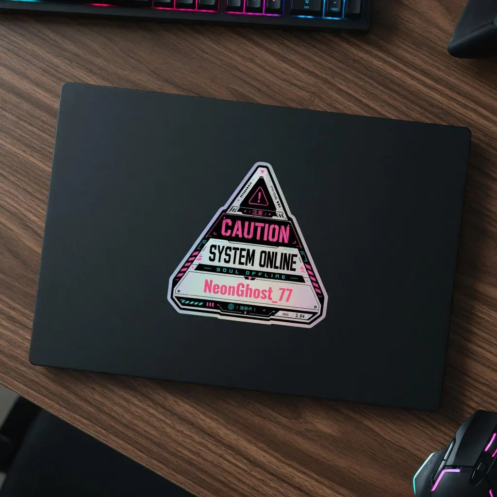 Custom Holographic Name Sticker | Personalized Gamertag Cyberpunk Caution Decal