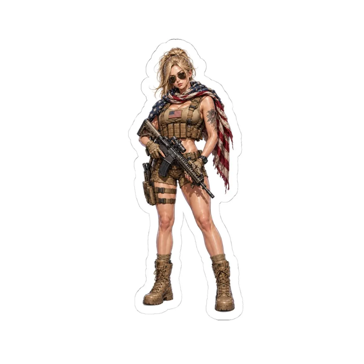 American Sniper Flag Cape Pin-Up Kiss-Cut Sticker | Tactical Patriot Waifu Vinyl Decal | Range Girl
