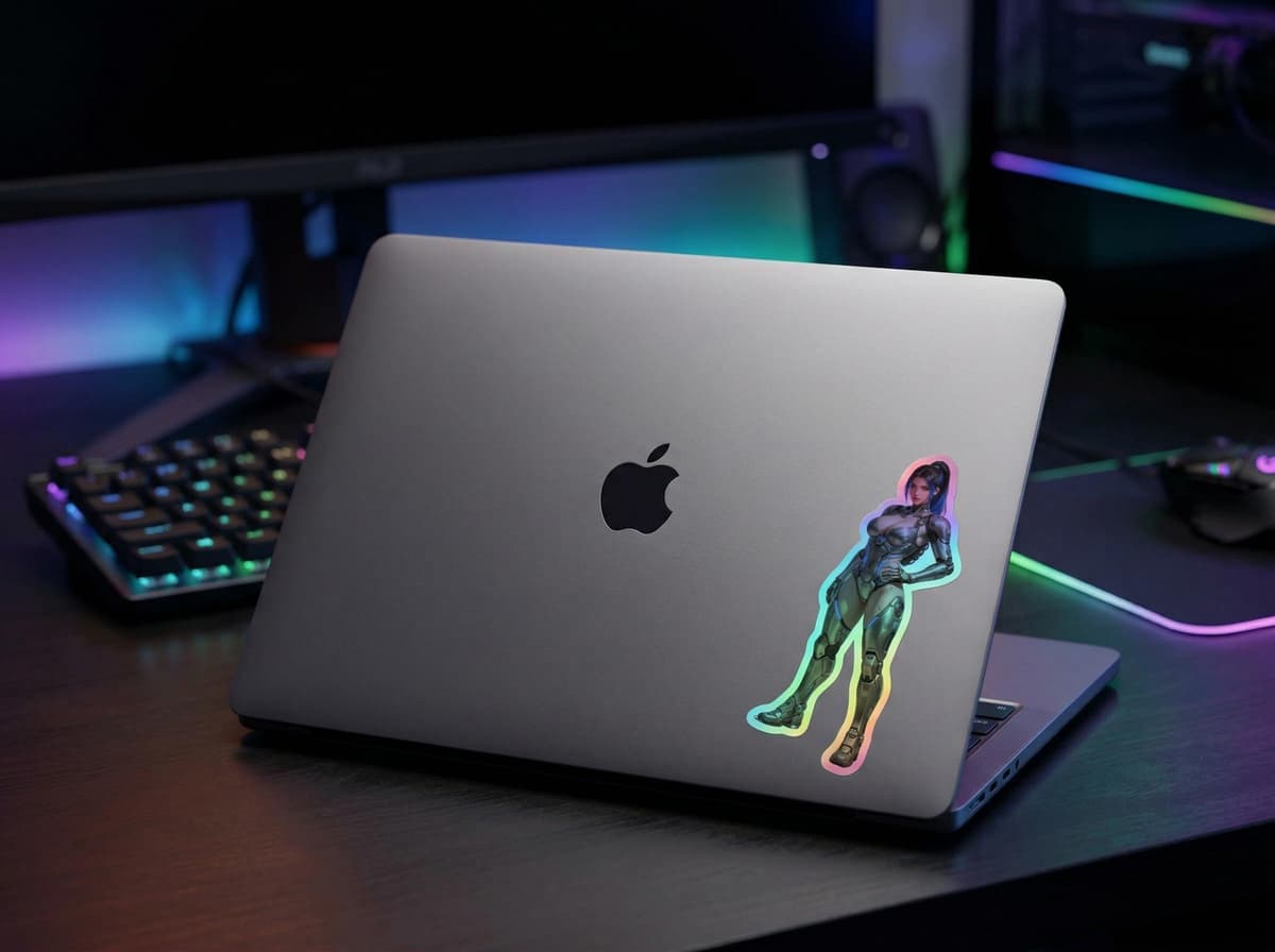 Neon Cyberpunk Armored Waifu Holographic Sticker | Sci-Fi Iridescent Vinyl Decal