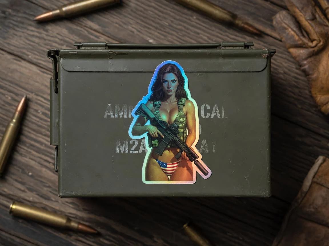 Tactical Girl Patriot AR-15 Holographic Sticker | USA Flag Pin-Up Iridescent Decal