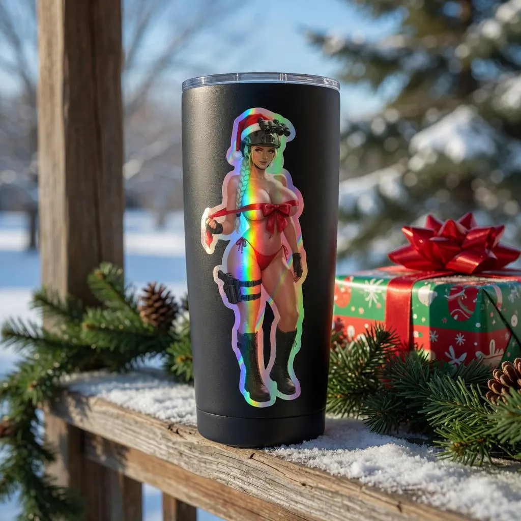 Valkyrie Christmas Gift Bow Holographic Sticker | Santa Hat Tactical Waifu Decal