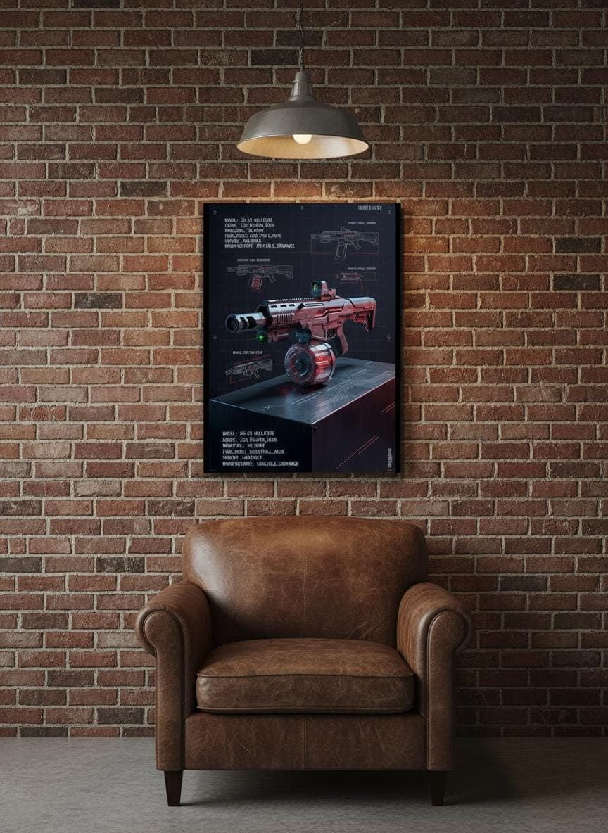 Cyberpunk Shotgun Blueprint Poster | Sci-Fi Weapon Diagram Wall Art (Matte Print)