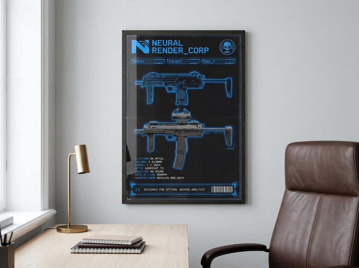 MP7 Submachine Gun Blueprint Poster | Tactical Firearm Diagram Wall Art (Matte Print)