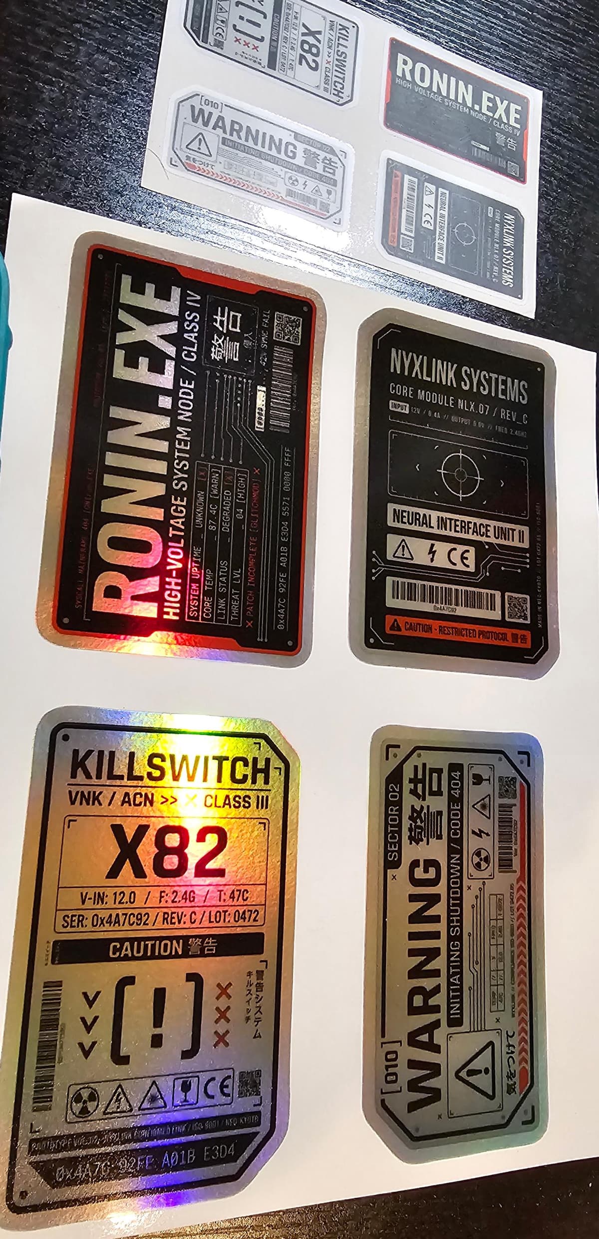 Cyberpunk Warning Labels Holographic Sticker Sheet | Sci-Fi Tech Decal Pack