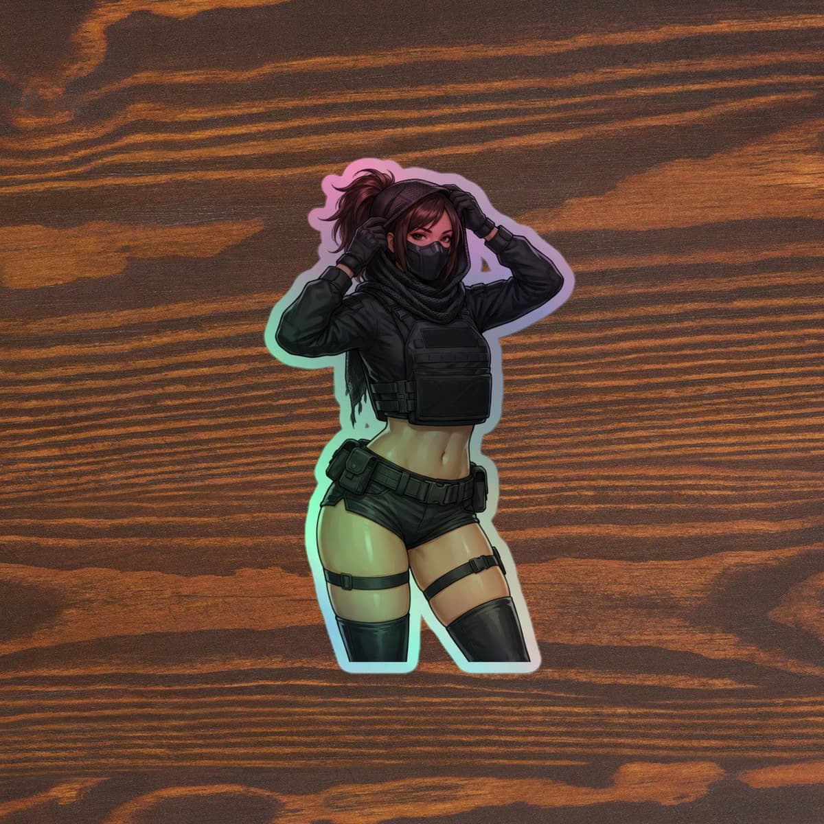 Tactical Girl Mesh Hood Holographic Sticker | Operator Pin-Up Iridescent Vinyl Decal