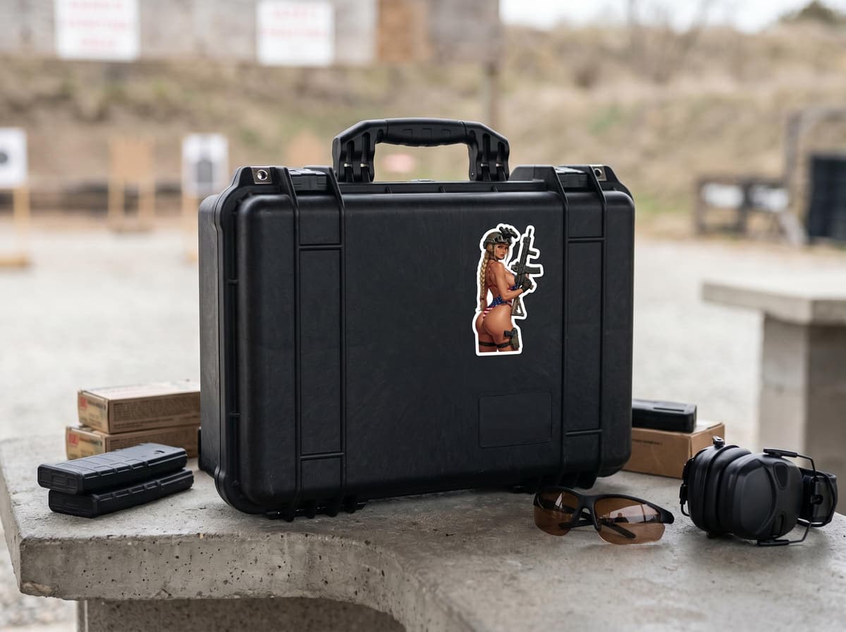May include: A black hard-shell case with a sticker of a woman holding a rifle. The case is on a concrete surface, with ammunition magazines, ear protection, and sunglasses nearby. The background shows a shooting range.