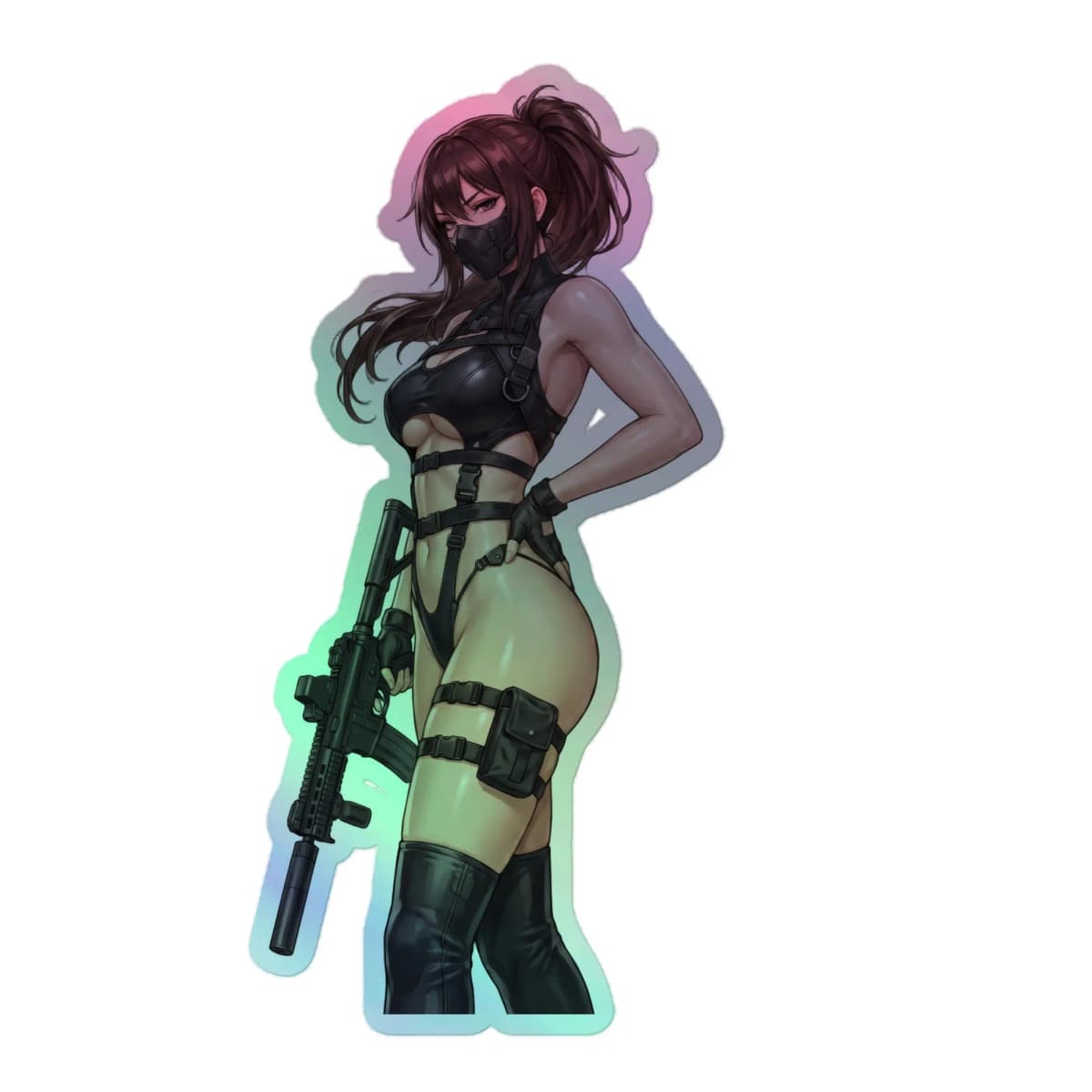 Tactical Girl Sniper Harness Holographic Sticker | Operator Pin-Up Iridescent Vinyl Decal