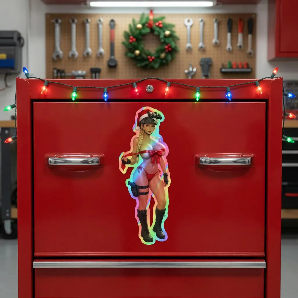 Valkyrie Christmas Gift Bow Holographic Sticker | Santa Hat Tactical Waifu Decal