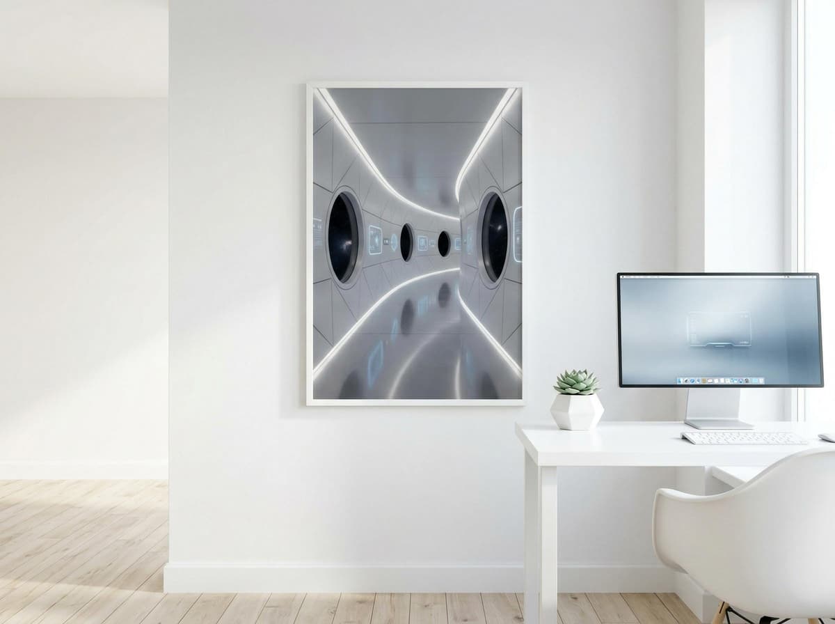 Space Station Corridor Poster | Minimalist Sci-Fi Interior Wall Art (Matte Print)