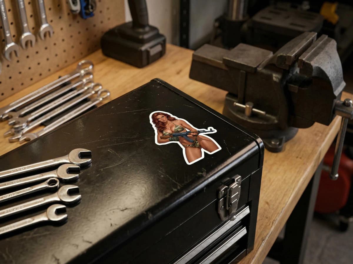 Tactical Girl AK-47 Camo Bikini Sticker | Rifle Pin-Up Vinyl Decal (Kiss Cut)