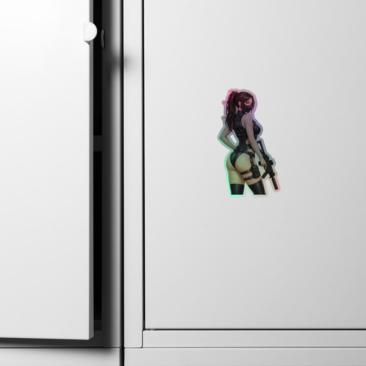 Tactical Girl Harness Rifle Holographic Sticker | Operator Pin-Up Iridescent Vinyl Decal