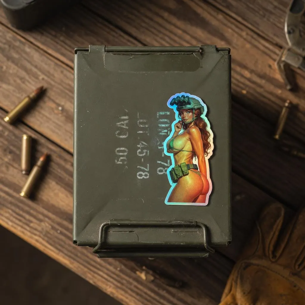Tactical Girl Olive Bikini Holographic Sticker | Army Pin-Up Iridescent Vinyl Decal