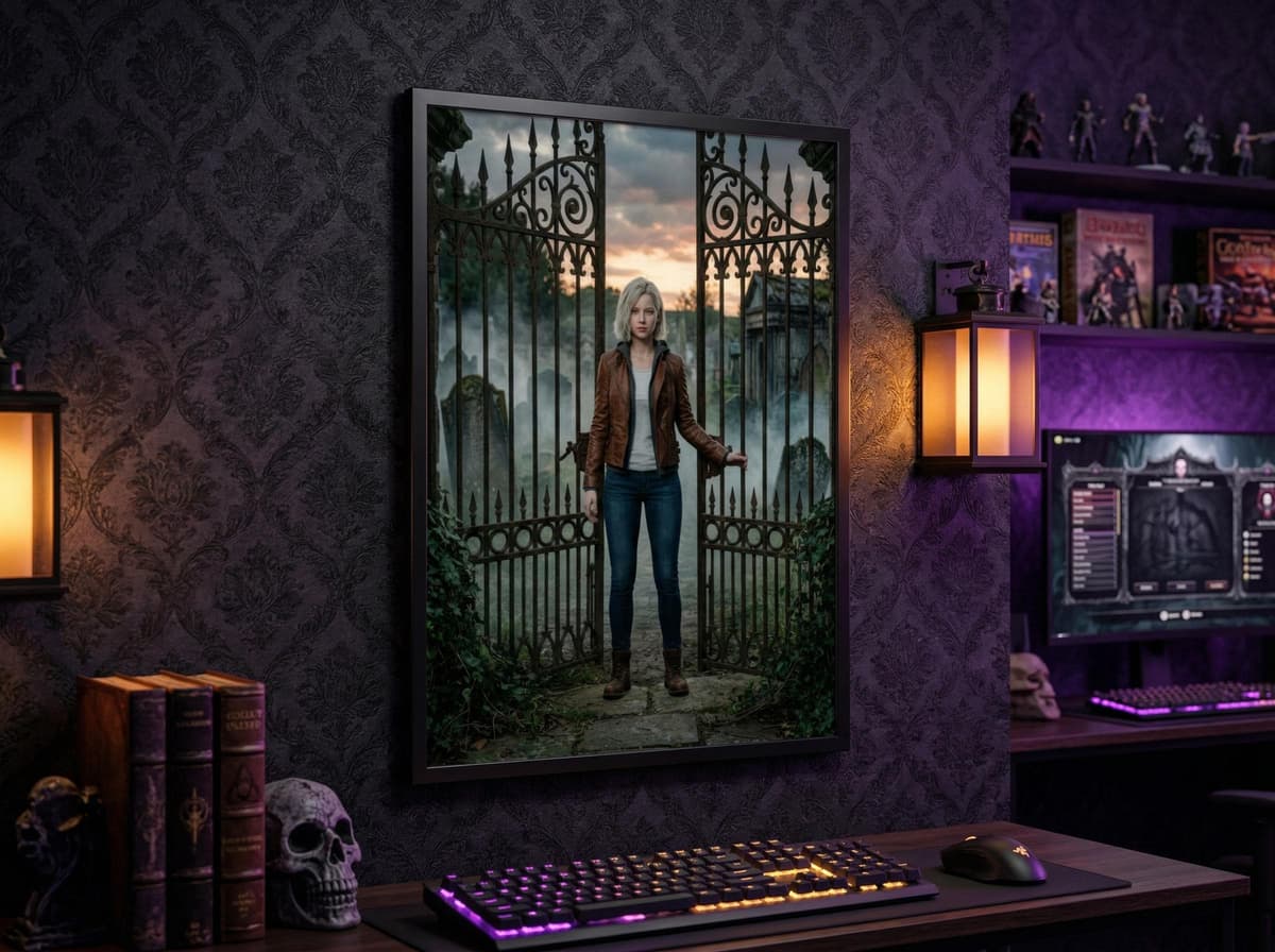 Survivor Girl Cemetery Gates Poster | Horror Game Art Wall Art (Matte Print)