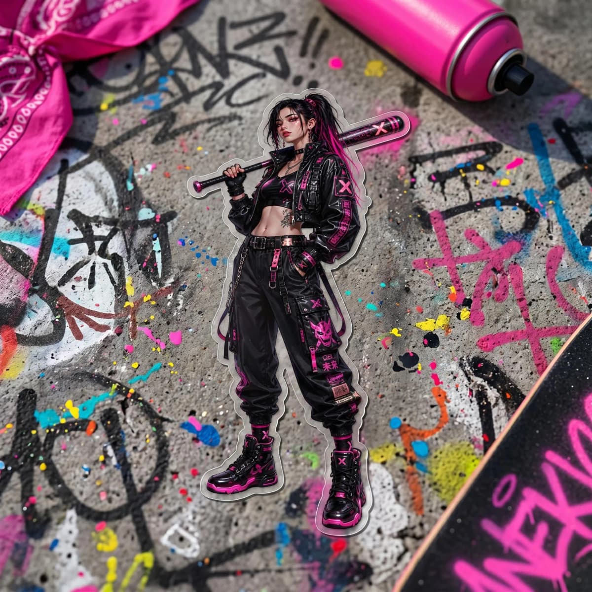 Neon Street Thug Pin-Up Sticker | Transparent Cyberpunk Punk Anime Vinyl Decal | Pink Bat Punk