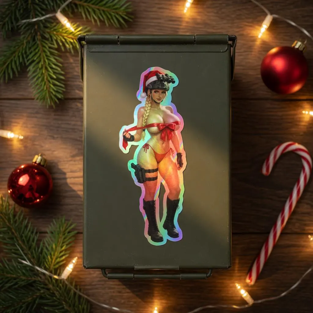 Valkyrie Christmas Gift Bow Holographic Sticker | Santa Hat Tactical Waifu Decal