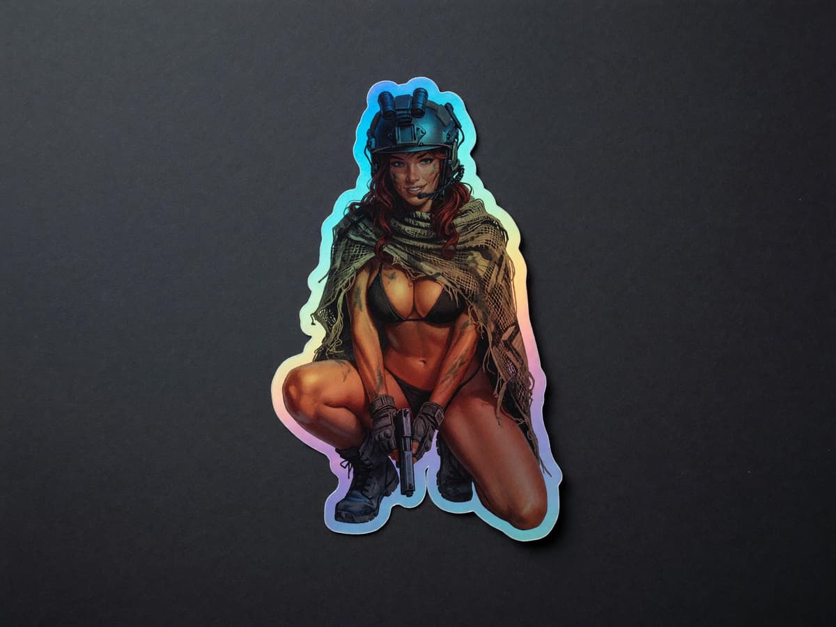 Tactical Girl Ghillie Holographic Sticker | Sniper Waifu Iridescent Vinyl Decal