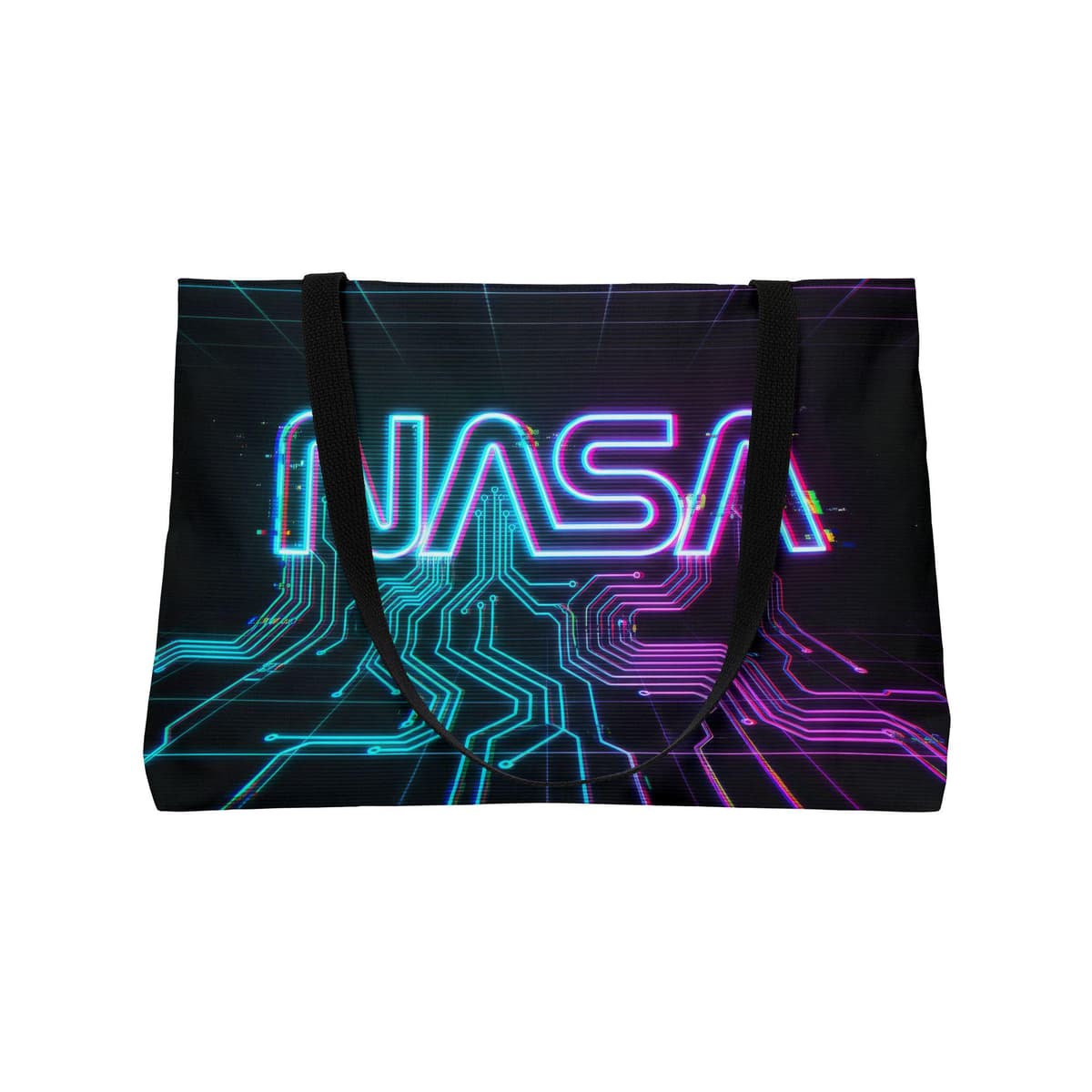 Neon NASA Logo Weekender Tote Bag | Retro Futuristic Circuit Design