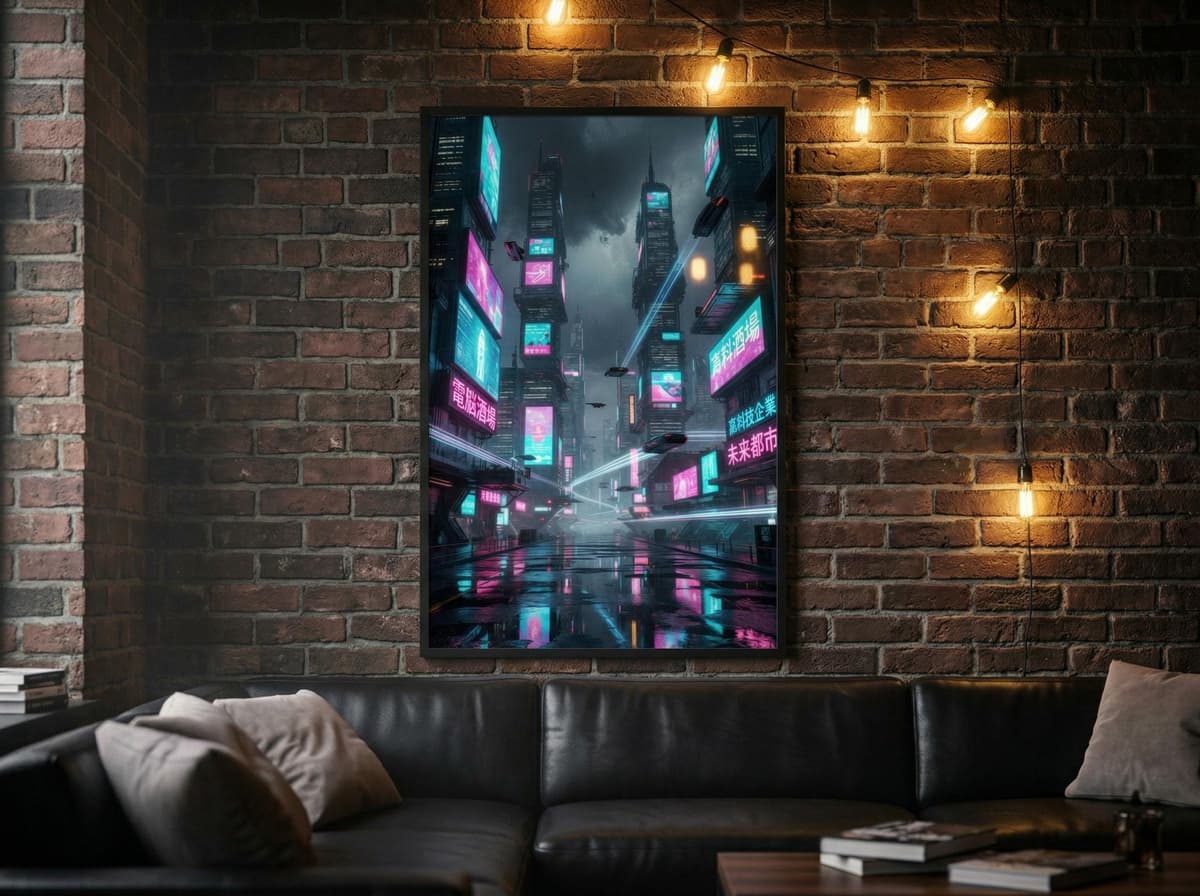 Cyberpunk City Plaza Poster | Neon Skyline Sci-Fi Wall Art (Enhanced Matte Print)