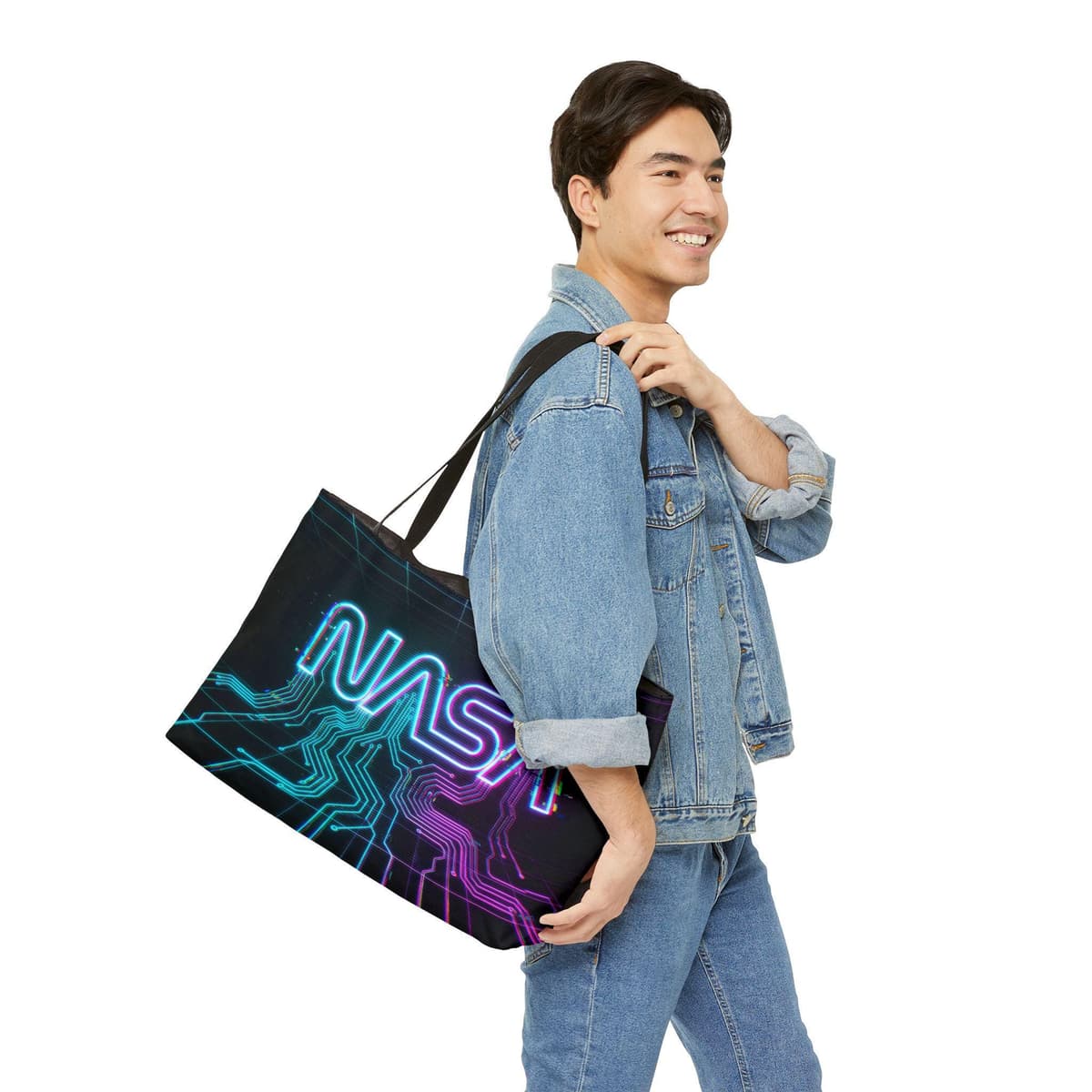 Neon NASA Logo Weekender Tote Bag | Retro Futuristic Circuit Design