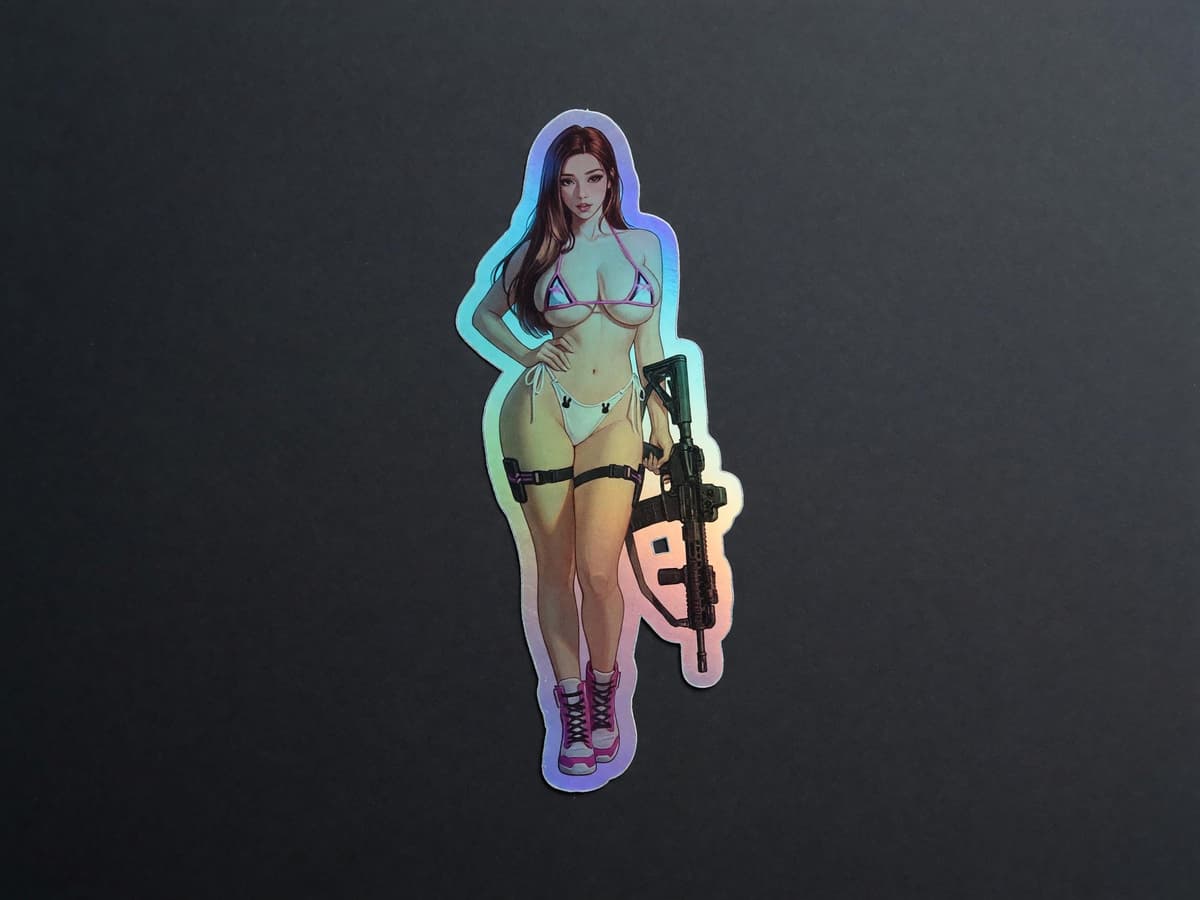 Bunny Pilot Bikini AR-15 Holographic Sticker | Gamer Girl Iridescent Vinyl Decal