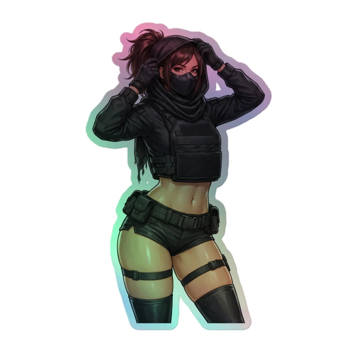 Tactical Girl Mesh Hood Holographic Sticker | Operator Pin-Up Iridescent Vinyl Decal