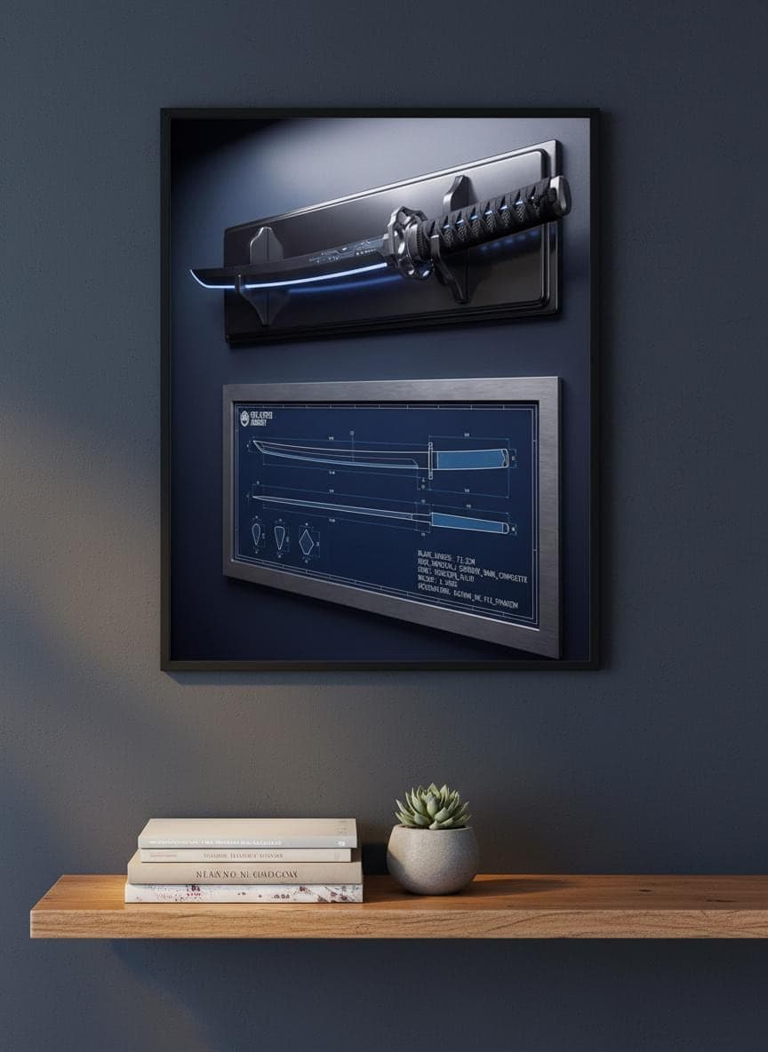 Cyberpunk Katana Blueprint Poster | Sci-Fi Sword Schematic Wall Art (Matte Print)