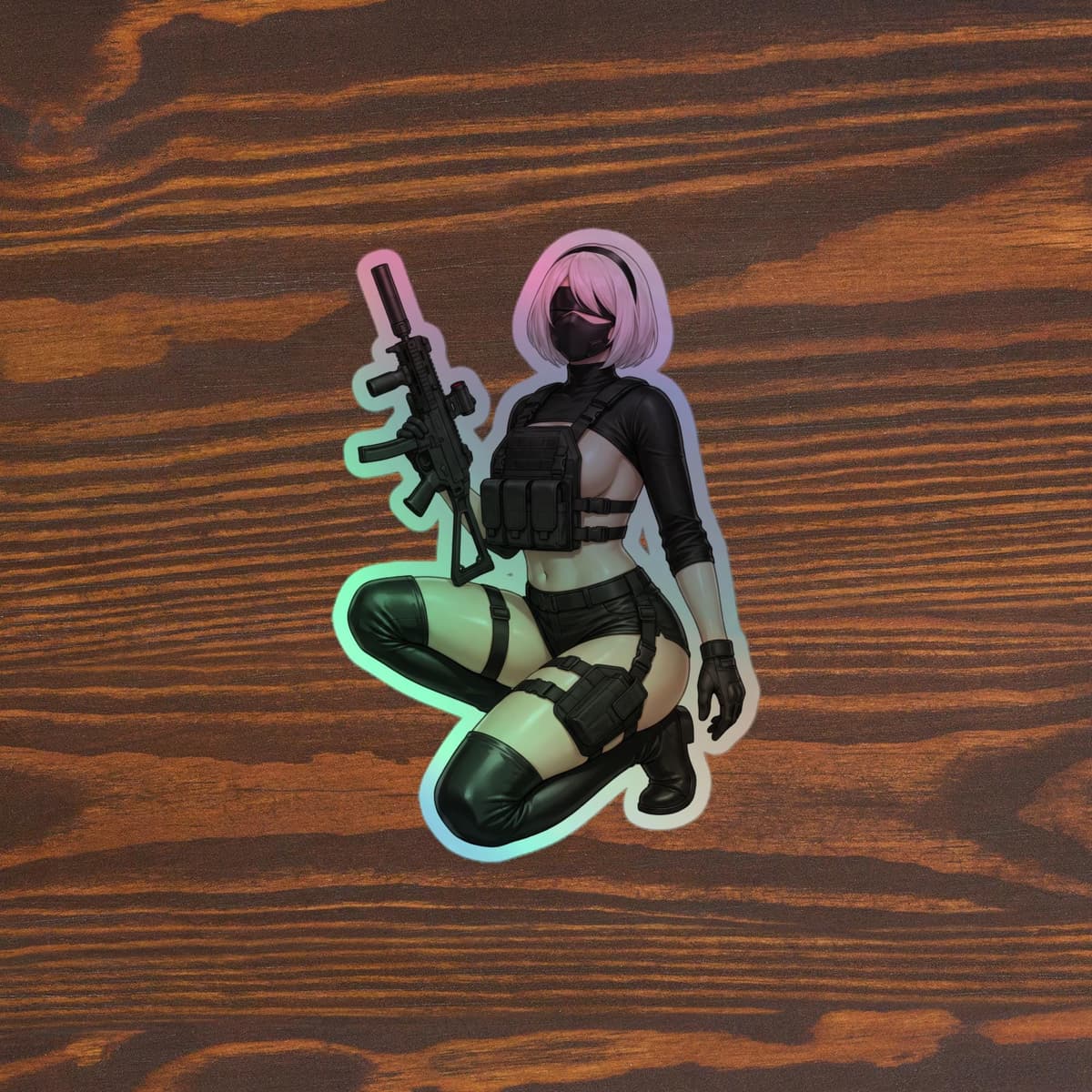 2B Tactical Kneel Holographic Sticker | Android Waifu Iridescent Vinyl Decal