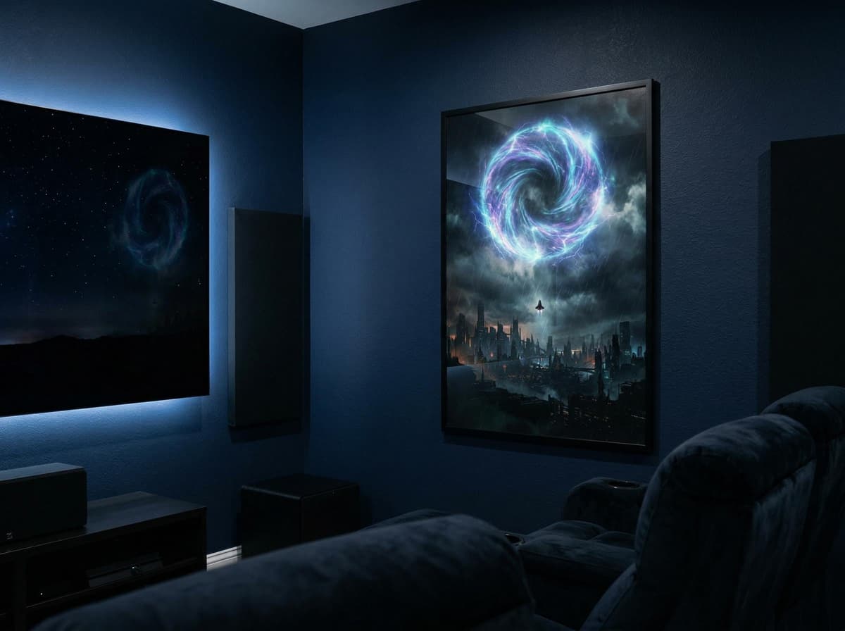 Cosmic Portal Over City Poster | Sci-Fi Vortex Cyberpunk Wall Art (Matte Print)