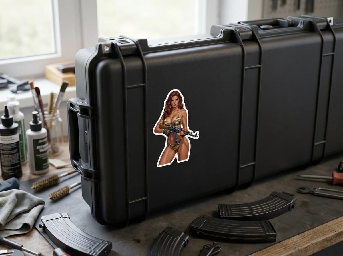 Tactical Girl AK-47 Camo Bikini Sticker | Rifle Pin-Up Vinyl Decal (Kiss Cut)