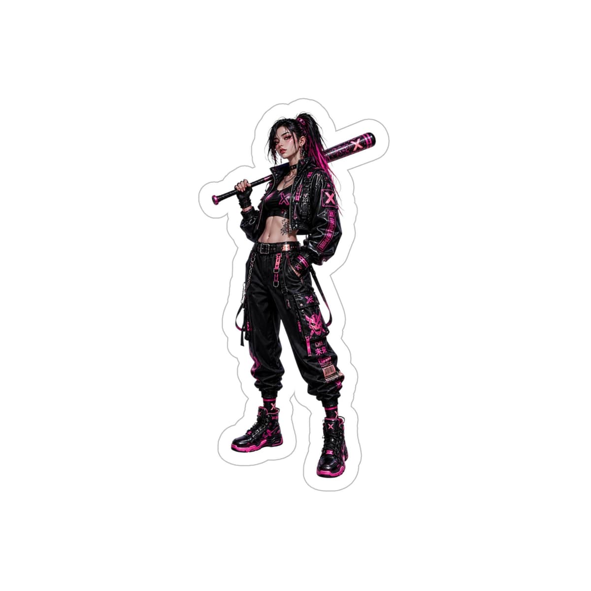 Neon Street Thug Pin-Up Sticker | Transparent Cyberpunk Punk Anime Vinyl Decal | Pink Bat Punk