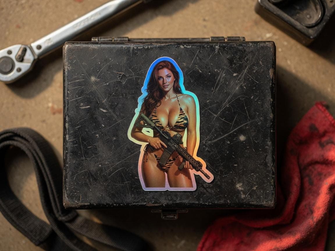 Tactical Girl Tiger Camo Rifle Holographic Sticker | Gun Girl Iridescent Vinyl Decal