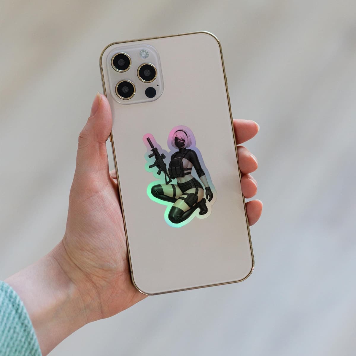 2B Tactical Kneel Holographic Sticker | Android Waifu Iridescent Vinyl Decal