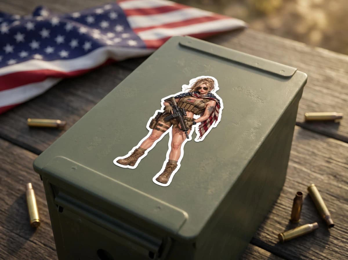 American Sniper Flag Cape Pin-Up Kiss-Cut Sticker | Tactical Patriot Waifu Vinyl Decal | Range Girl