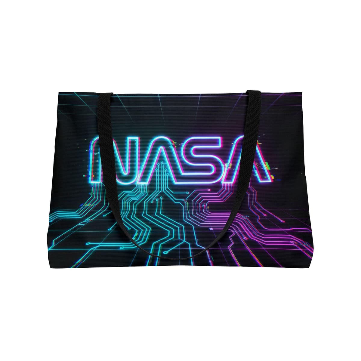 Neon NASA Logo Weekender Tote Bag | Retro Futuristic Circuit Design