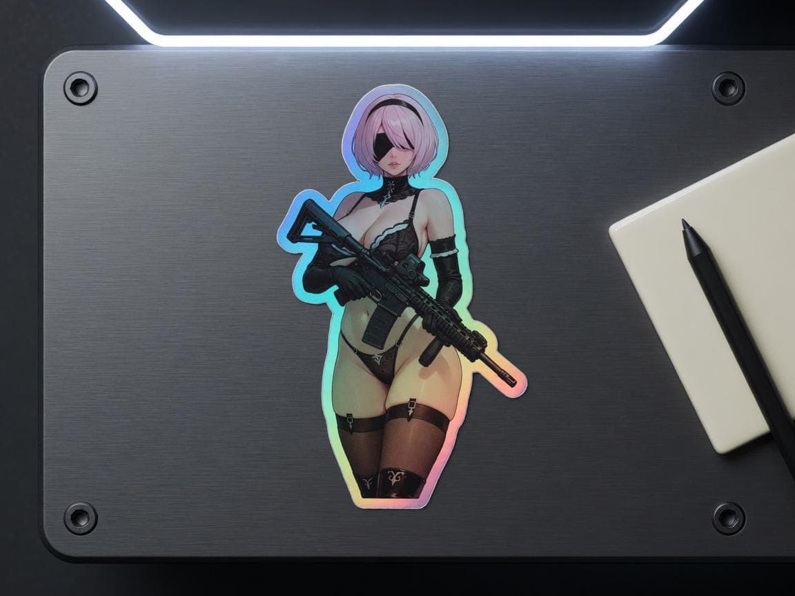 2B Android Warrior Holographic Sticker | Tactical Waifu Iridescent Vinyl Decal
