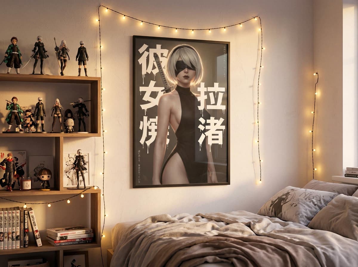2B Kanji Art Poster | Android Warrior Anime Wall Art (Matte Print)