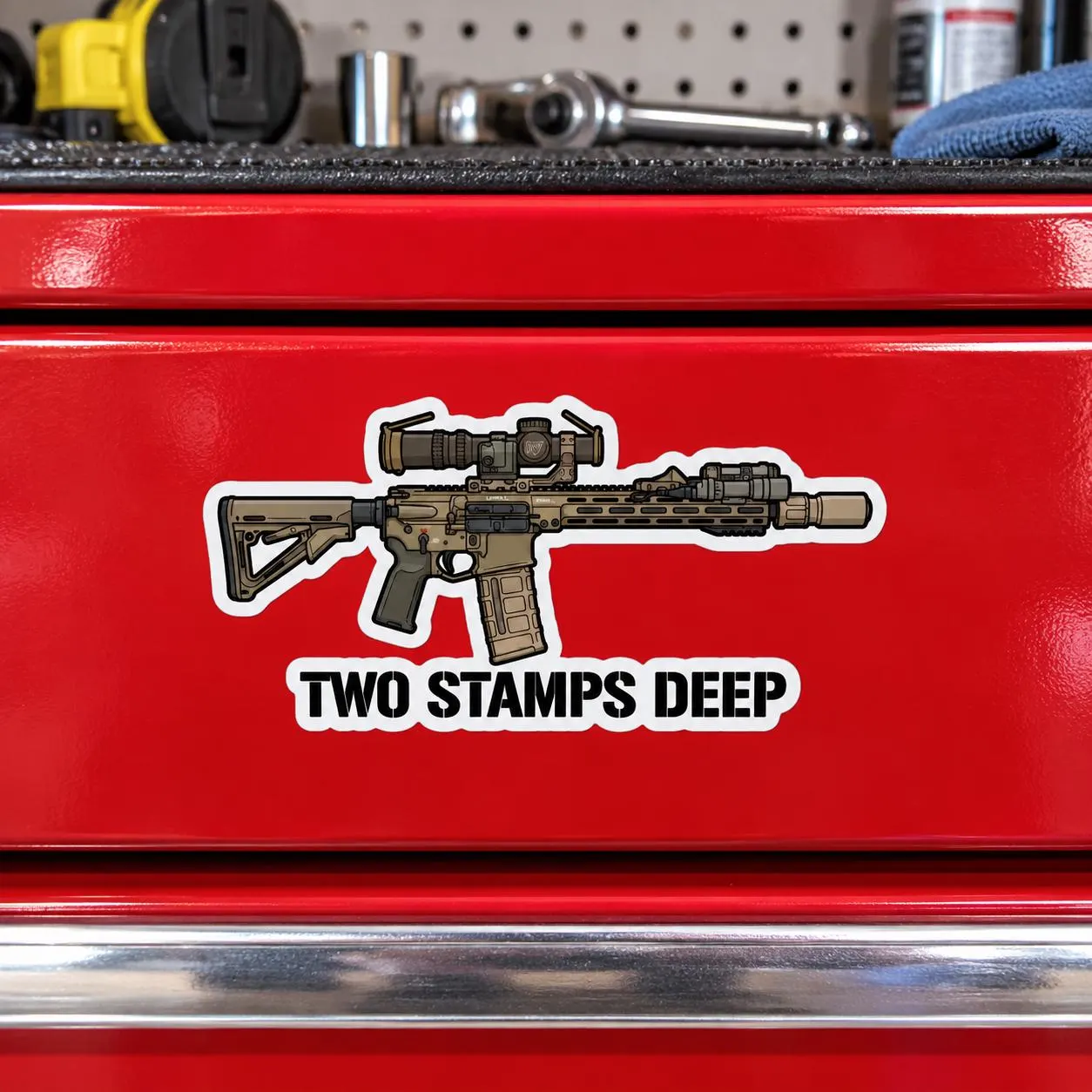 Two Stamps Deep AR15 Gun Sticker | NFA SBR Suppressor Meme Vinyl Decal for Laptop & Toolbox