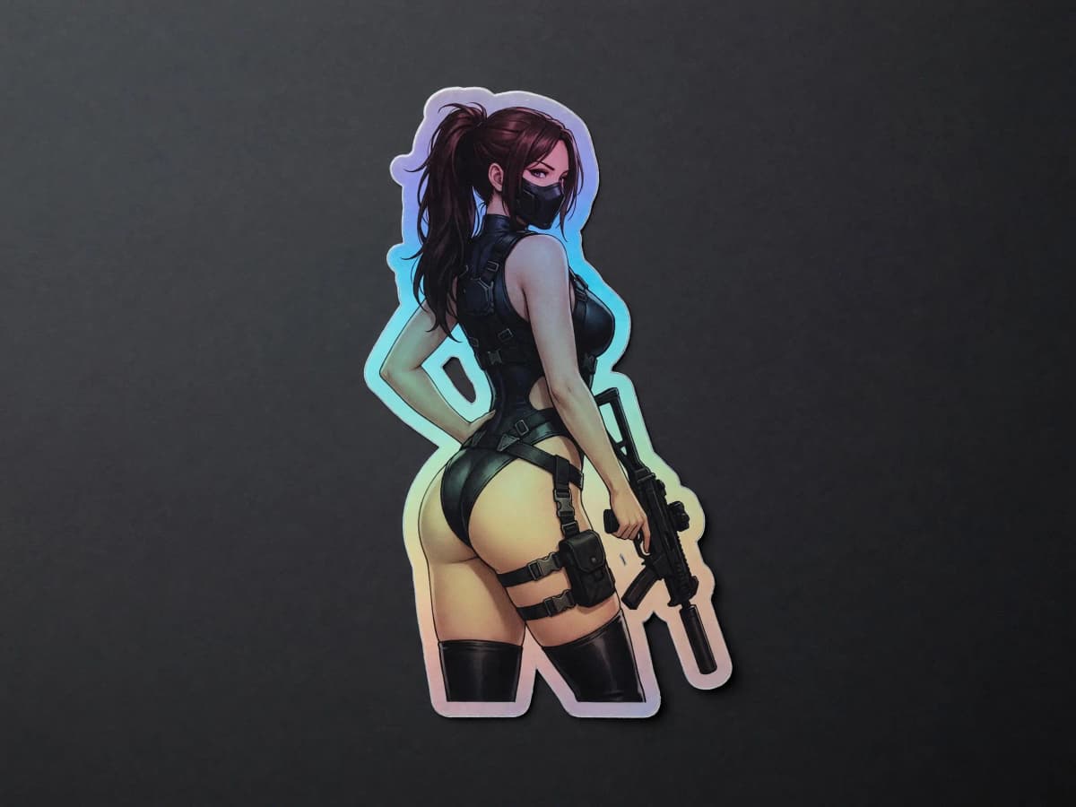 Tactical Girl Harness Rifle Holographic Sticker | Operator Pin-Up Iridescent Vinyl Decal